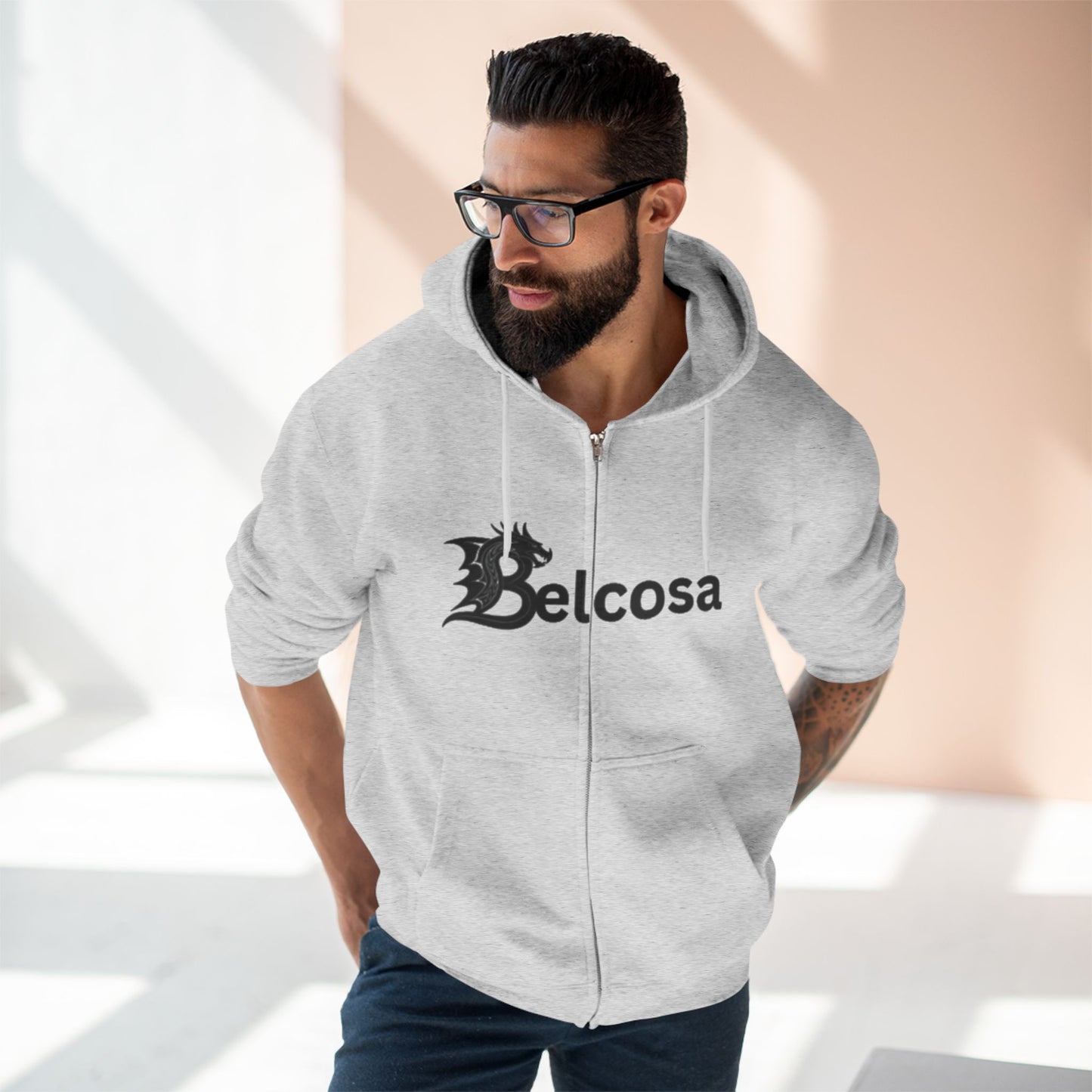 Belcosa Dragon Logo Zip Hoodie — Fantasy Emblem Zip-Up Hoodie