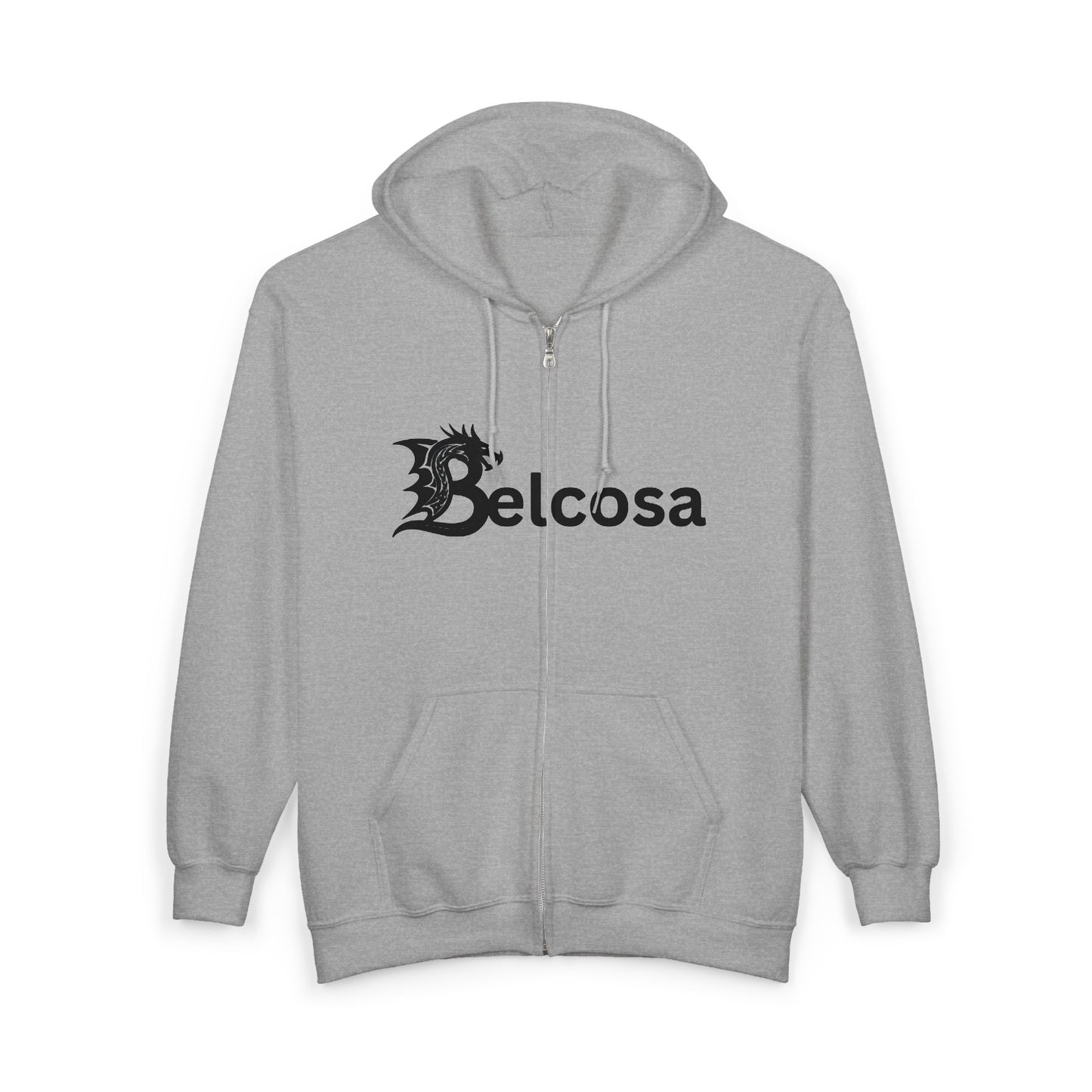 Belcosa Zip Hoodie — Gothic Script Logo Full-Zip Sweatshirt