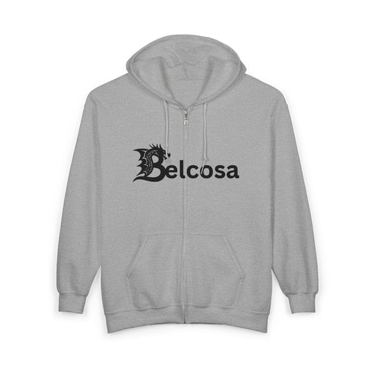 Belcosa Zip Hoodie — Gothic Script Logo Full-Zip Sweatshirt