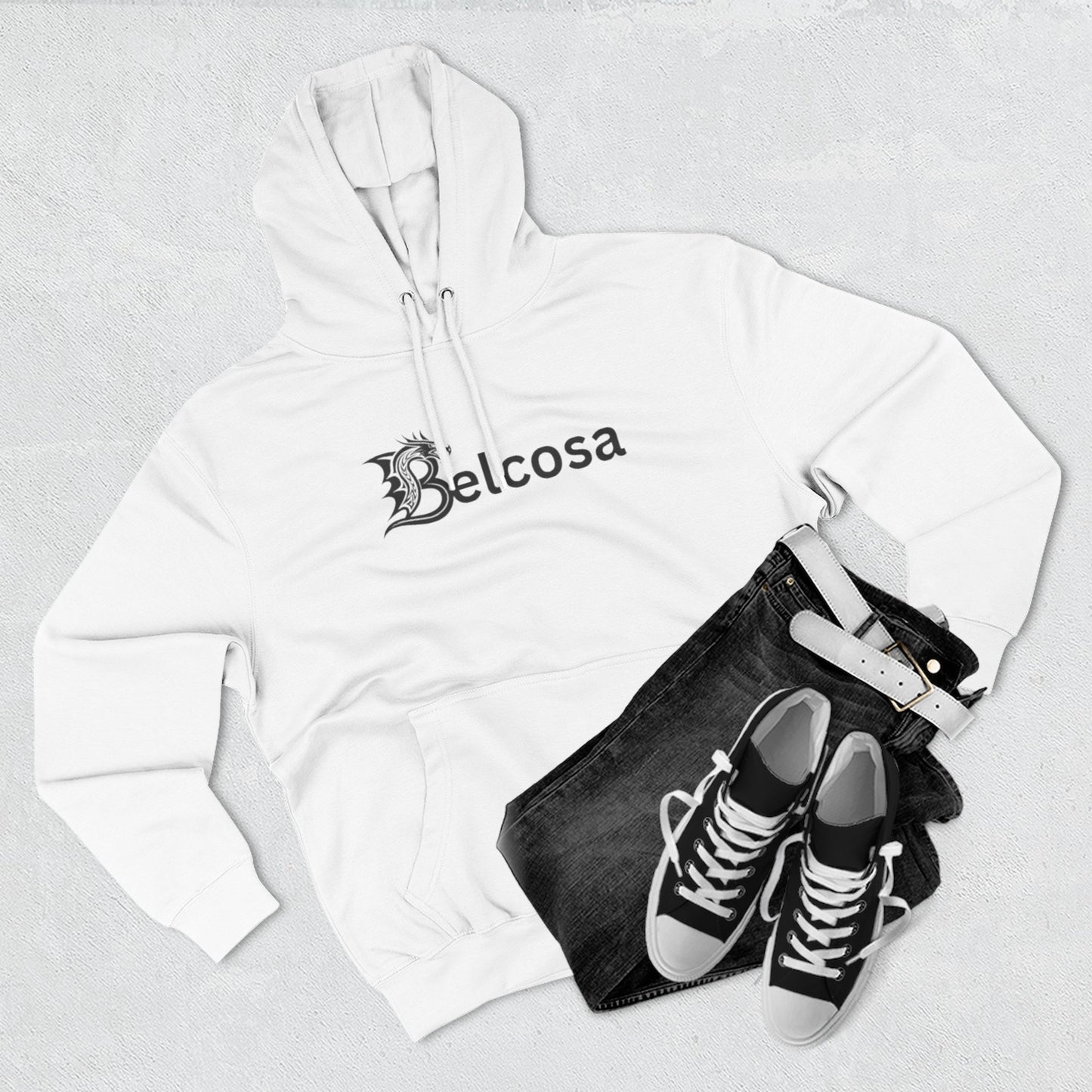 Belcosa Logo Hoodie — Minimal Gothic Script Fleece Hoodie